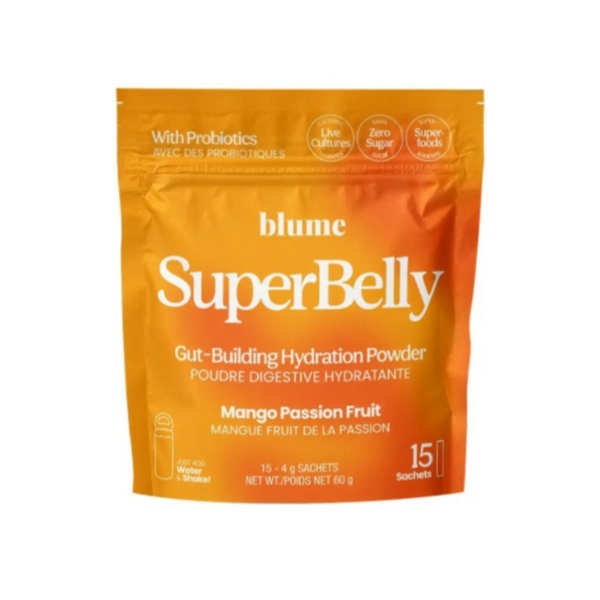 A package of blume SuperBelly Gut-Building Hydration Powder in Mango Passion Fruit flavor.