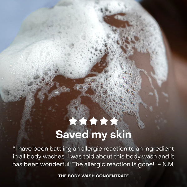 Close-up of a person using Everist's body wash concentrate with text about its effectiveness.