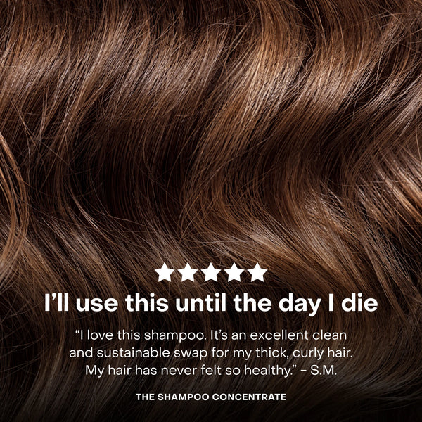 Close-up of brown hair with a five-star rating and customer review text overlay.