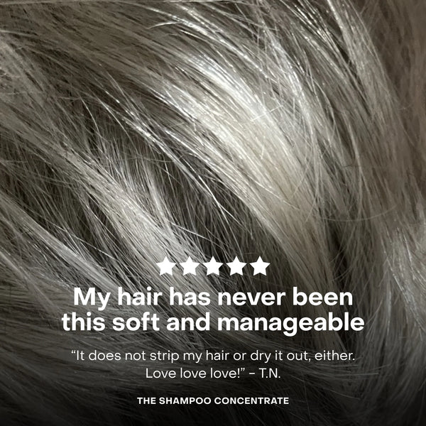 Close-up of hair with text praising its softness and manageability, featuring a brand name.