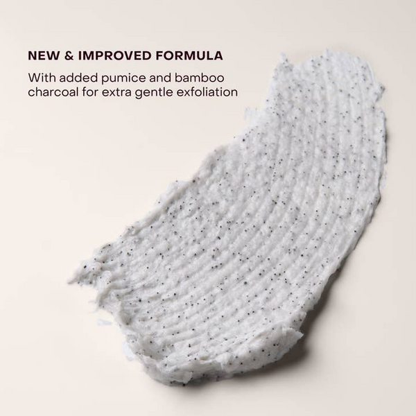 Exfoliating scrub with pumice and bamboo charcoal on a beige background