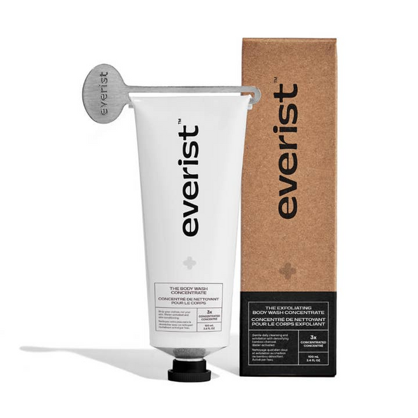 Everist body wash concentrate tube and packaging on a white background