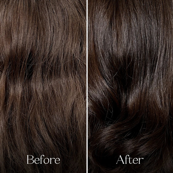 Close-up of hair before and after treatment, showing a difference in texture and shine.