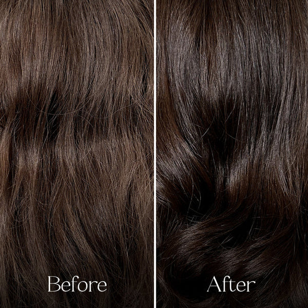 Close-up of hair before and after treatment, showing a difference in texture and shine.