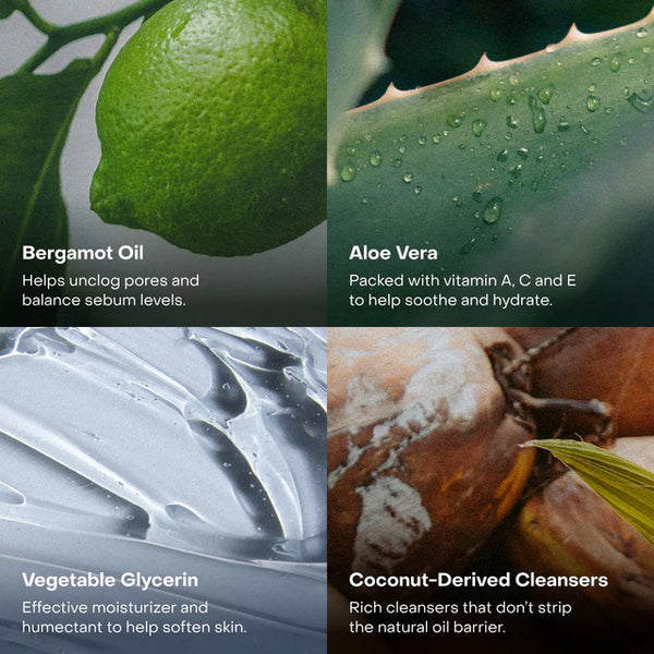 Product ingredients with images and descriptions including Bergamot Oil, Aloe Vera, Vegetable Glycerin, and Coconut-Derived Cleansers.
