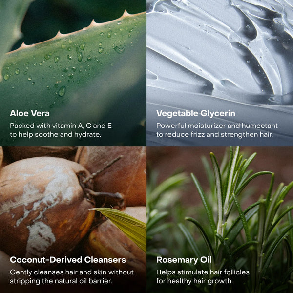 Four quadrants showcasing aloe vera, vegetable glycerin, coconut-derived cleansers, and rosemary oil with descriptive text.