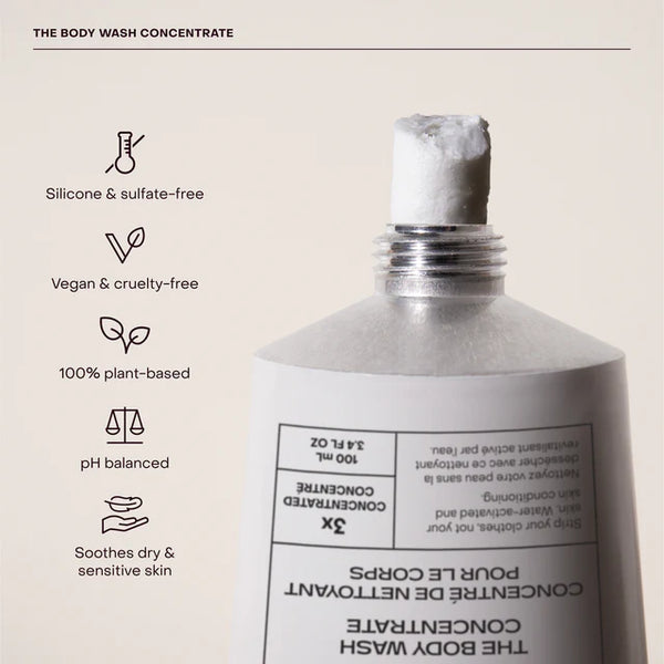 Body wash concentrate bottle with certification icons on a beige background