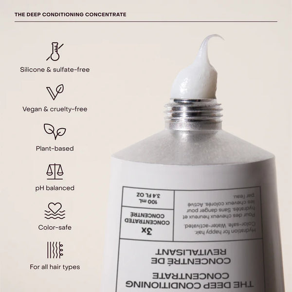 Bottle of deep conditioning concentrate with certification icons on a beige background