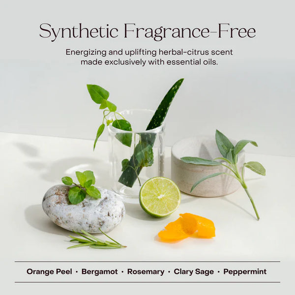 Herbal and citrus elements with text about synthetic fragrance-free product and essential oils.