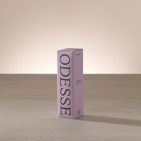 Purple 'odesse' box on a beige background