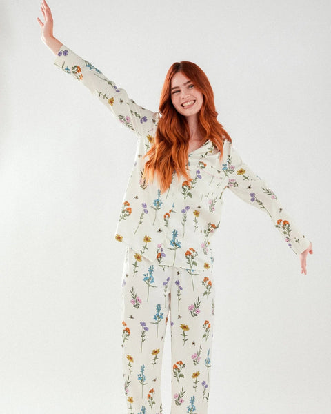 Floral Print Button Up Satin Long Pyjama Set by Chelsea Peters