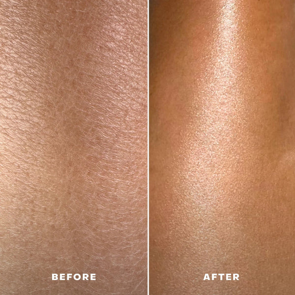 Before and after close-up comparison of skin texture and finish, with the left side labeled BEFORE and the right side labeled AFTER.