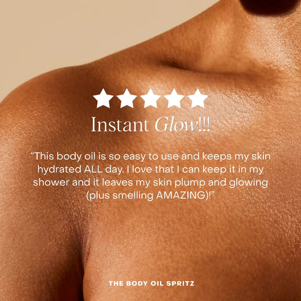 Body oil spritz advertisement with a five-star rating and customer review on a beige background