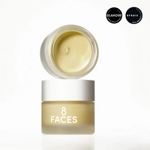 Skincare product jar labeled '8 Faces' with cream visible, on a white background.