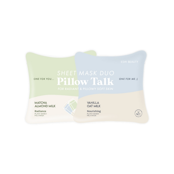 Sheet mask duo packaging with 'Pillow Talk' branding on a white background