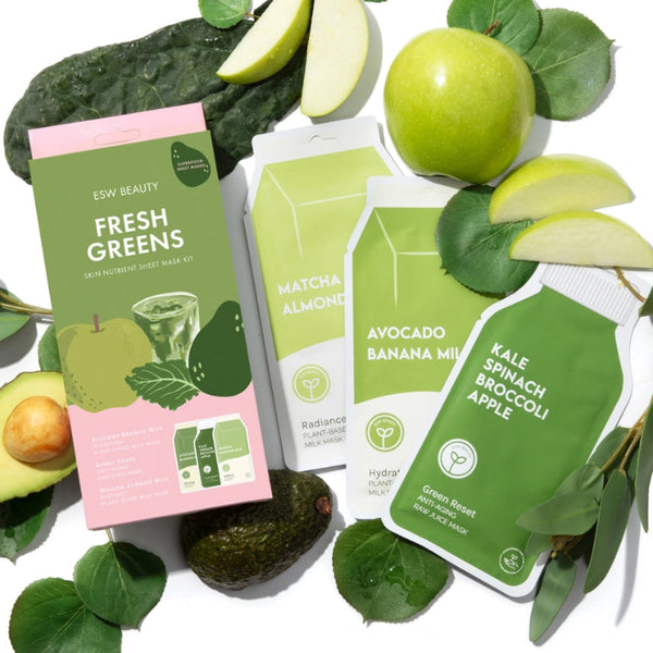 Fresh Greens Superfood Sheet Mask Set with green and pink packaging on a white background with green leaves and fruits.