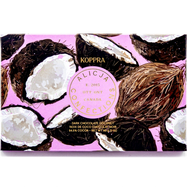 Alicja Confections Koppra Coconut 54.5% Dark Chocolate made in canada