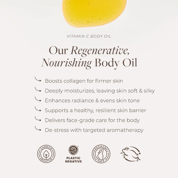 Vitamin C body oil advertisement with product image and benefits listed on a white background.