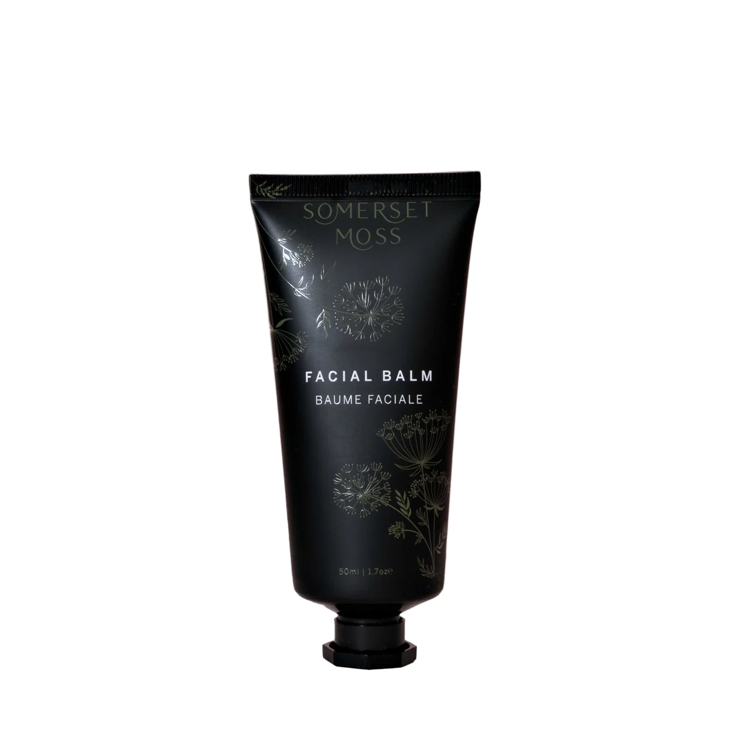 Black facial balm tube with 'Somerset Moss' branding on a white background