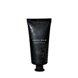 Black facial balm tube with 'Somerset Moss' branding on a white background