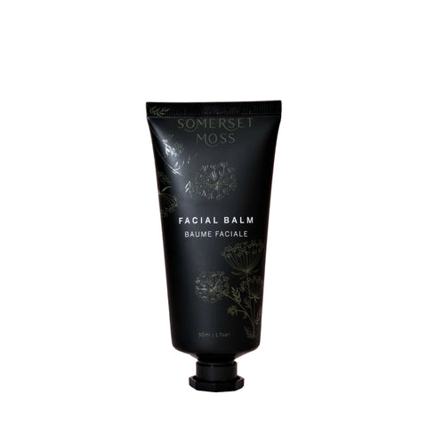 Black facial balm tube with 'Somerset Moss' branding on a white background