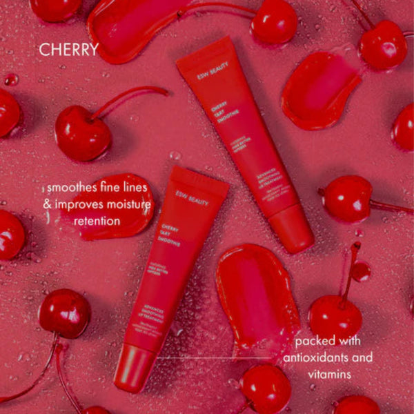 Red skincare products with cherries on a red background