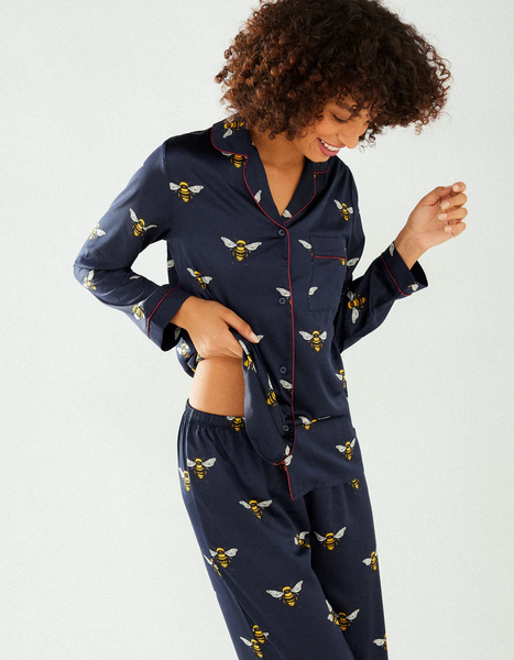 Satin Navy Bee Print Long Pyjama Set