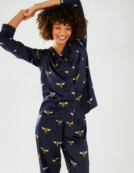 Satin Navy Bee Print Long Pyjama Set