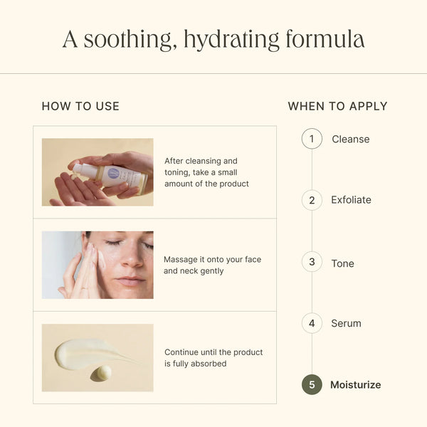 Instructions for using a soothing, hydrating skincare formula with step-by-step guide and product application.