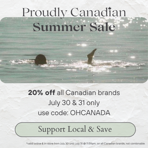 "Proudly Canadian Summer Sale, 20% off all Canadian brands July 30 & 31 only use code: OHCANADA" advertisement with a person swimming in water on a light gray background