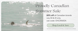 "Proudly Canadian Summer Sale, 20% off all Canadian brands July 30 & 31 only use code: OHCANADA" advertisement with a person swimming in water on a light gray background