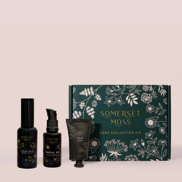 Somerset Moss core collection kit with three skincare products on a light pink background
