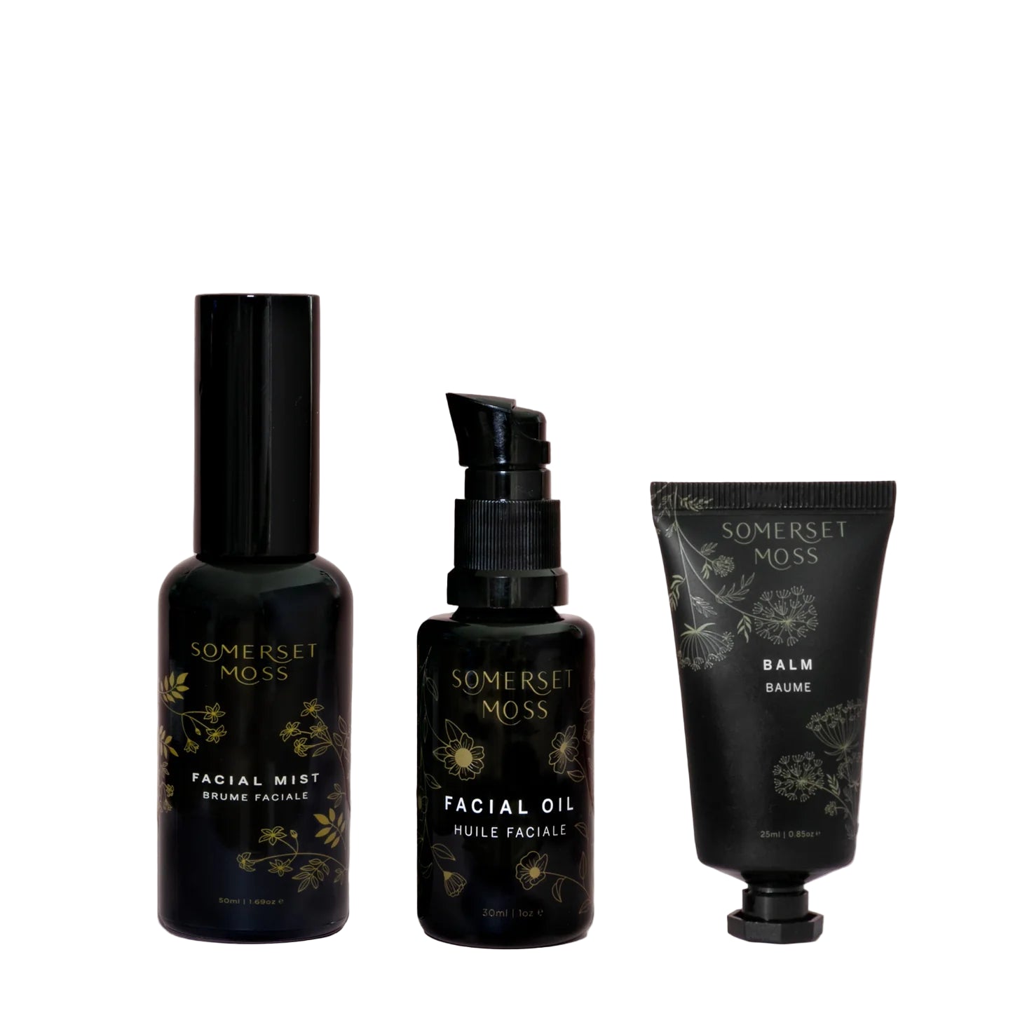 Three black skincare products from Somerset Moss on a white background
