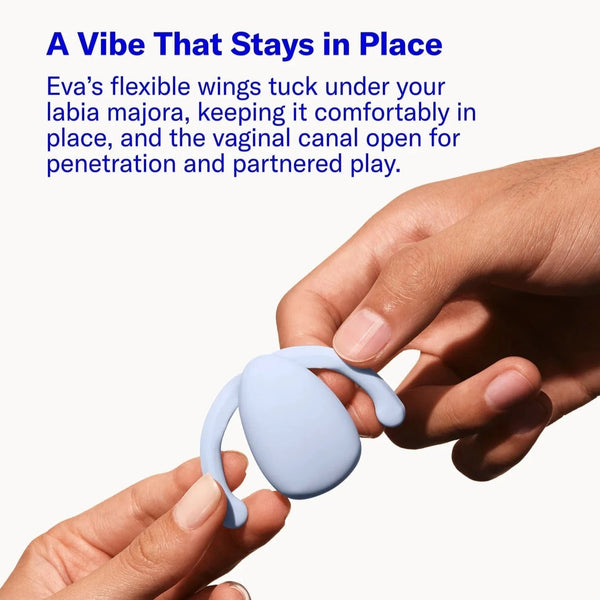 Light blue Eva II Vibrator for Couples with text about its design and features on a white background