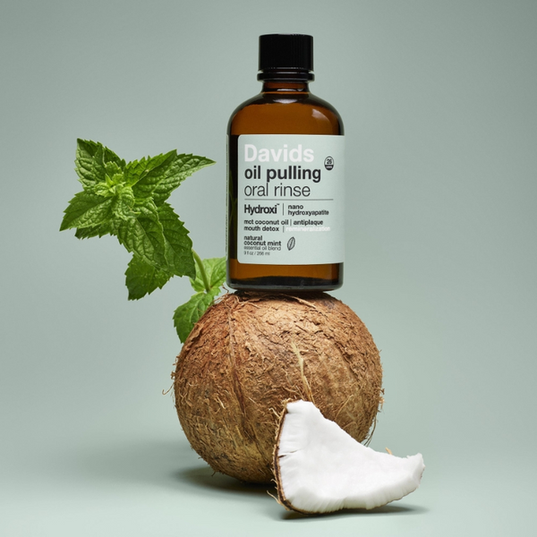 Bottle of Davids Nano Hydroxyapatite Oil Pulling Oral Rinse