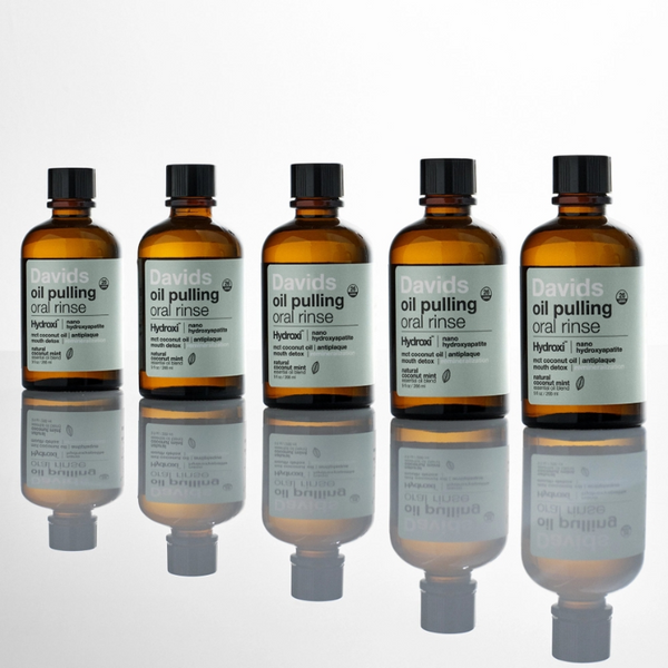 Bottles of Davids Nano Hydroxyapatite Oil Pulling Oral Rinse