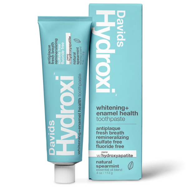 Davids Hydroxi whitening + enamel health toothpaste tube and packaging on a white background