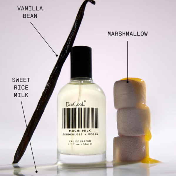 Perfume bottle labeled 'Mochi Milk' with vanilla bean, marshmallow, and sweet rice milk on a light background