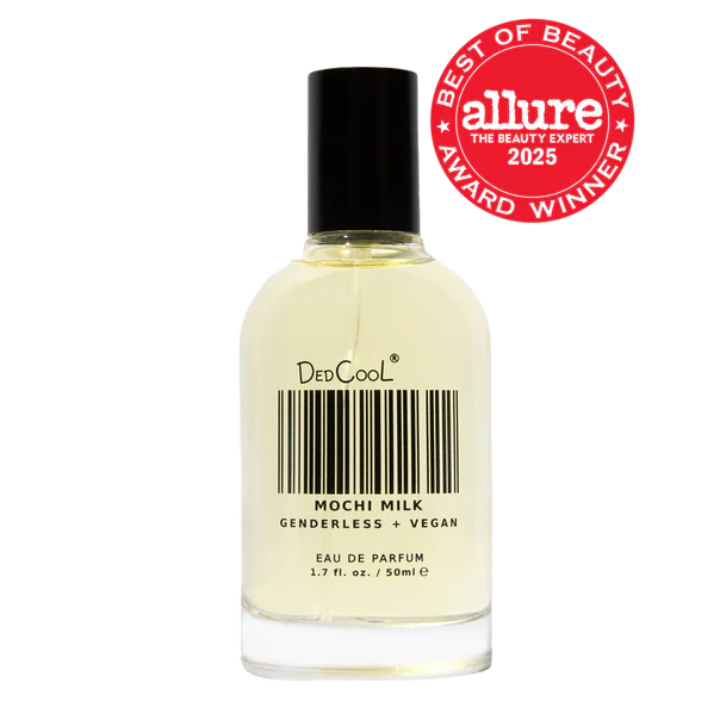 Perfume bottle labeled 'Ded Cool Mochi Milk' with 'Allure Best of Beauty' award on a white background