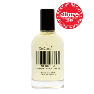 Perfume bottle labeled 'Ded Cool Mochi Milk' with 'Allure Best of Beauty' award on a white background