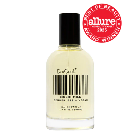 Perfume bottle labeled 'Ded Cool Mochi Milk' with 'Allure Best of Beauty' award on a white background