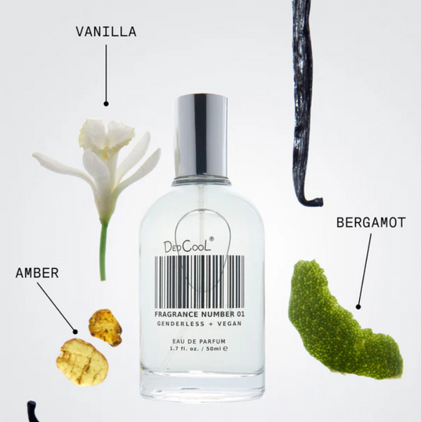 Perfume bottle labeled 'Ded Cool' with vanilla, bergamot, and amber elements on a white background