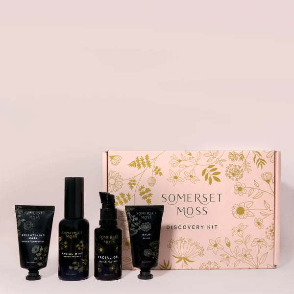 Somerset Moss skincare product set with a decorative box on a light background