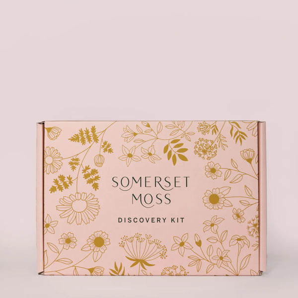 Somerset Moss Discovery Kit packaging with floral designs on a beige background