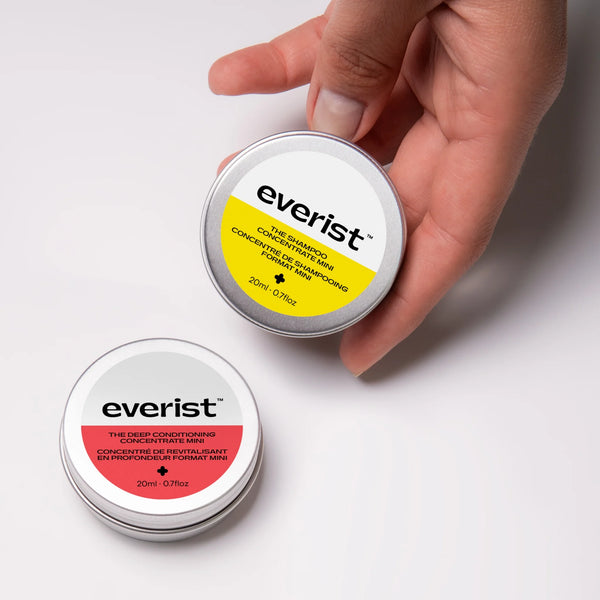 Hand holding a small container labeled 'everist' on a white background