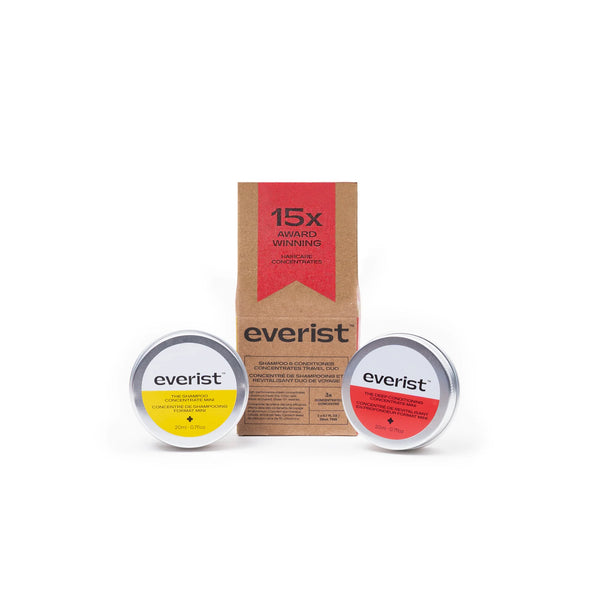 The Everist Travel Set Two containers of 'everist' product with a cardboard box displaying the brand name on a white background.