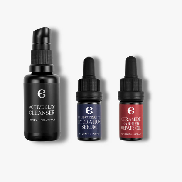 Contents in the Etymologie Skincare Essnetials Kit, Active Clay Cleanser, Multi-Corrective Hydration Serum, Ceramide Barrier Repair Serum