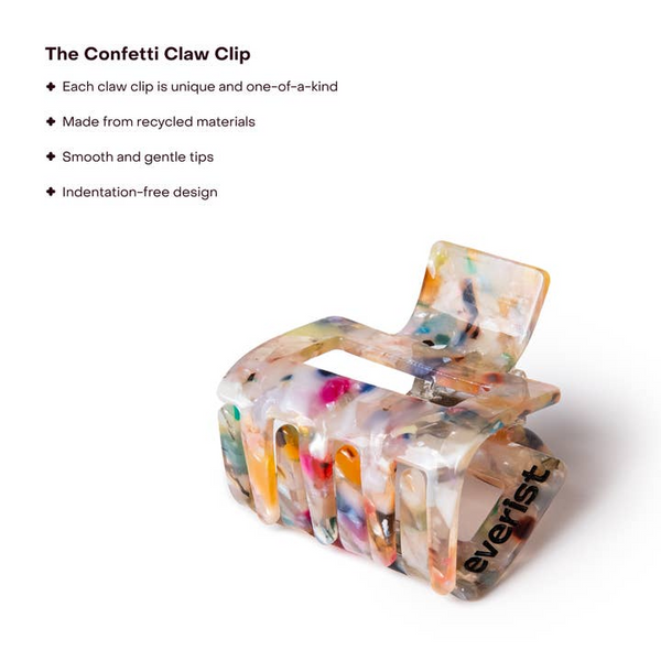 Multicolored confetti claw clip with 'everlast' branding on a white background