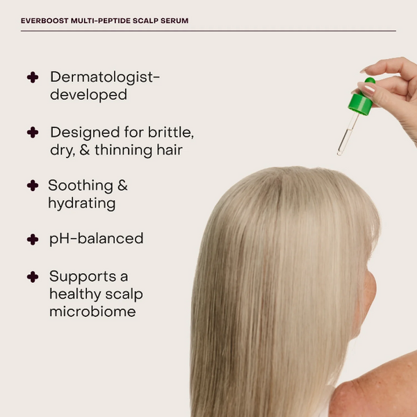 Person applying Everboost Multi-Peptide Scalp Serum to hair with text highlighting product features.