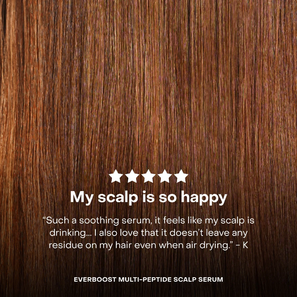 Close-up of brown hair with a five-star rating text and customer review of Everist EverBooston a dark brown background.